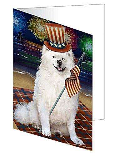 4th of July Firework American Eskimo Dog Handmade Artwork Assorted Pets Greeting Cards and Note Cards with Envelopes for All Occasions and Holiday Seasons GCD48644