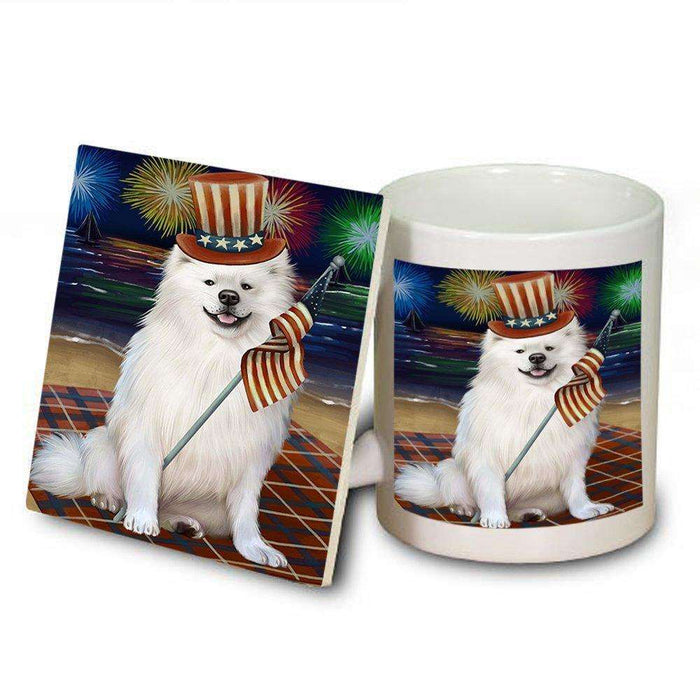 4th of July Firework American Eskimo Dog Mug and Coaster Set MUC48148