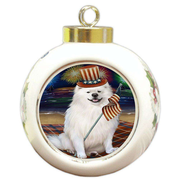 4th of July Firework American Eskimo Dog Round Ball Christmas Ornament RBPOR48156