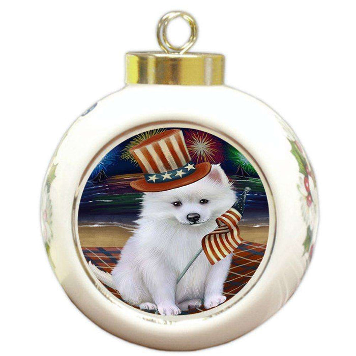 4th of July Firework American Eskimo Dog Round Ball Christmas Ornament RBPOR48158