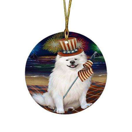 4th of July Firework American Eskimo Dog Round Christmas Ornament RFPOR48147