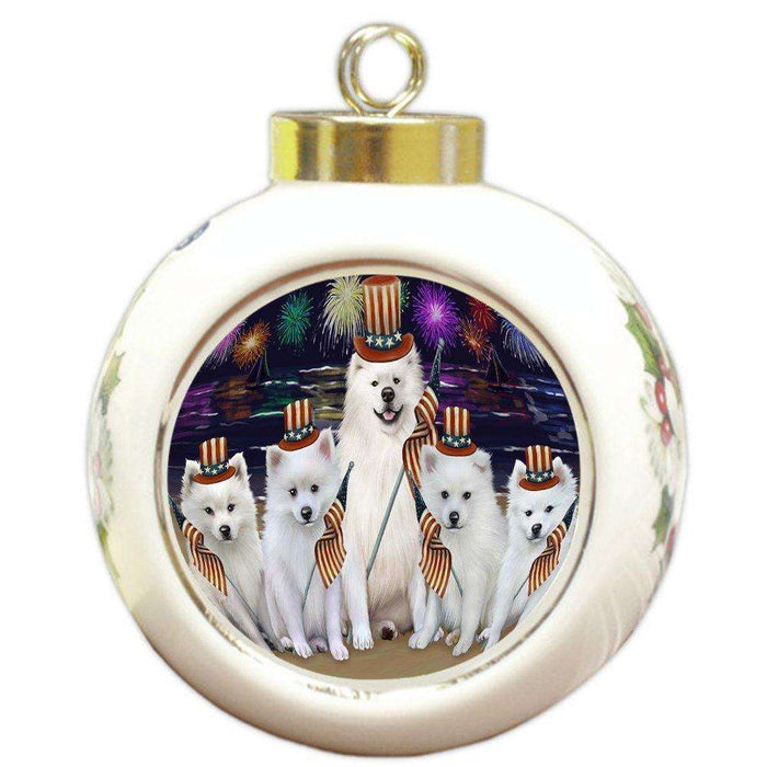 4th of July Firework American Eskimos Dog Round Ball Christmas Ornament RBPOR48157