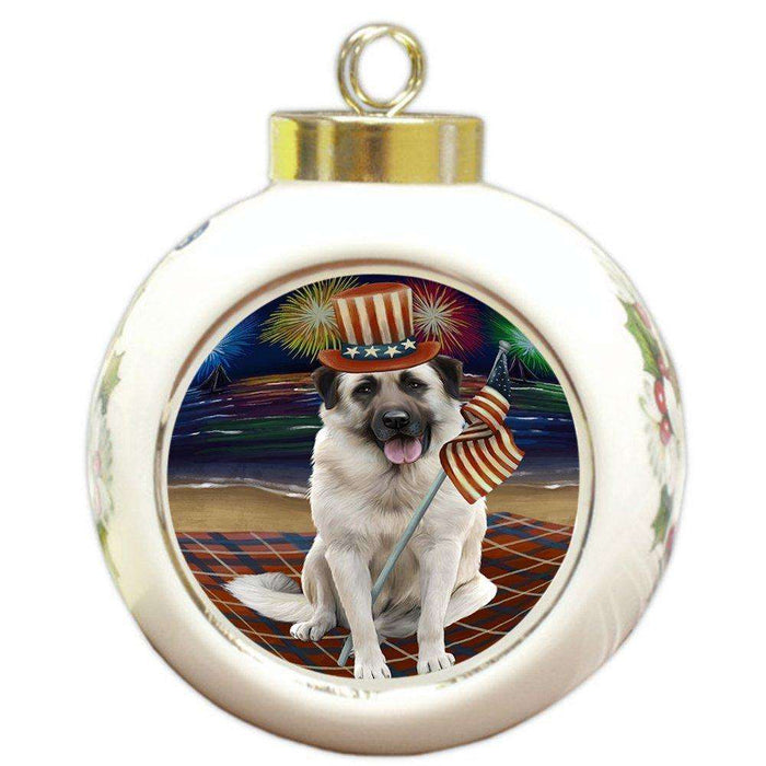 4th of July Firework Anatolian Shepherd Dog Round Ball Christmas Ornament RBPOR48159