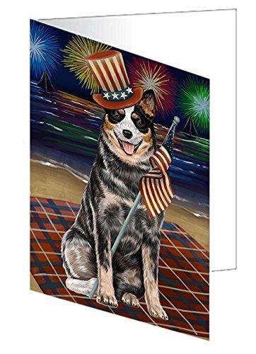 4th of July Firework Australian Cattle Dog Handmade Artwork Assorted Pets Greeting Cards and Note Cards with Envelopes for All Occasions and Holiday Seasons GCD48662