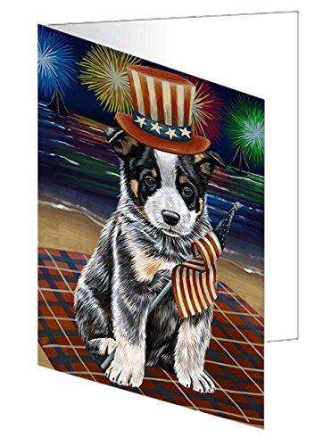 4th of July Firework Australian Cattle Dog Handmade Artwork Assorted Pets Greeting Cards and Note Cards with Envelopes for All Occasions and Holiday Seasons GCD48668