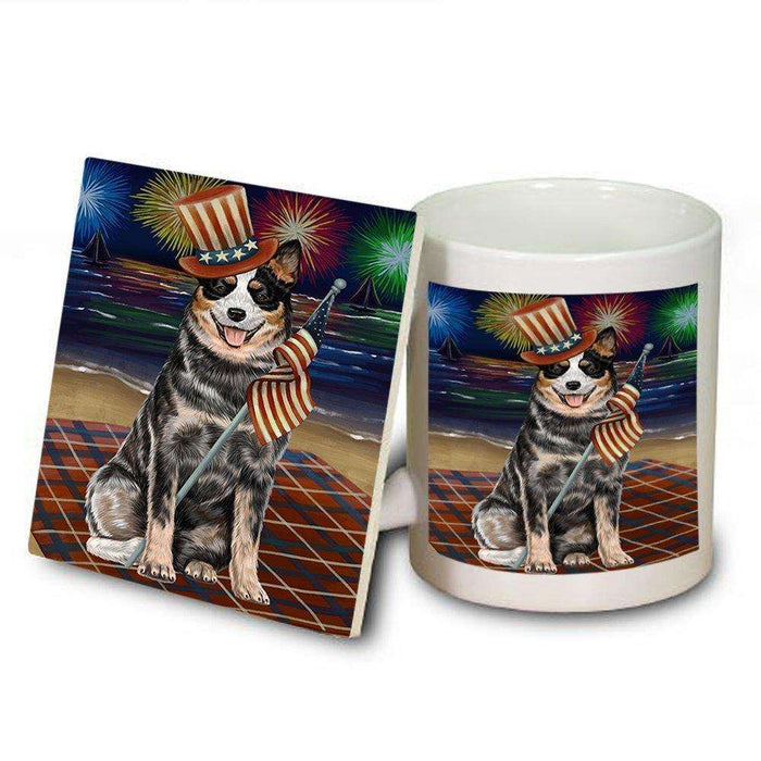 4th of July Firework Australian Cattle Dog Mug and Coaster Set MUC48154