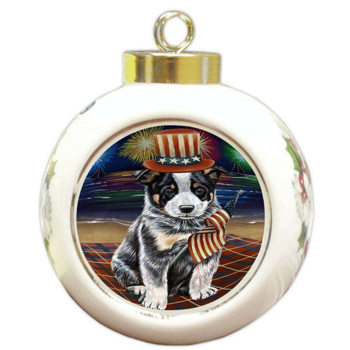 4th of July Firework Australian Cattle Dog Round Ball Christmas Ornament RBPOR48164