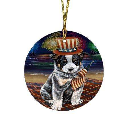 4th of July Firework Australian Cattle Dog Round Christmas Ornament RFPOR48155