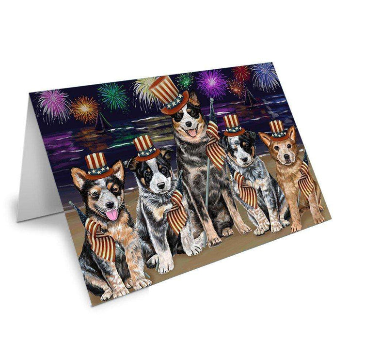 4th of July Firework Australian Cattle Dogs Handmade Artwork Assorted Pets Greeting Cards and Note Cards with Envelopes for All Occasions and Holiday Seasons GCD48665