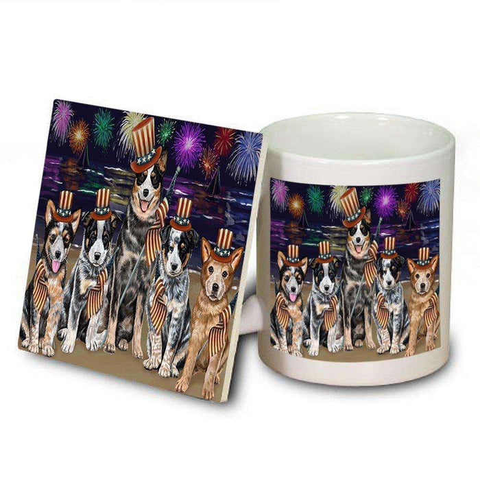 4th of July Firework Australian Cattle Dogs Mug and Coaster Set MUC48155