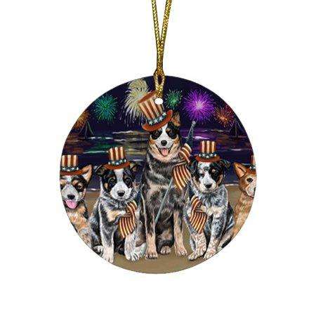 4th of July Firework Australian Cattle Dogs Round Christmas Ornament RFPOR48154