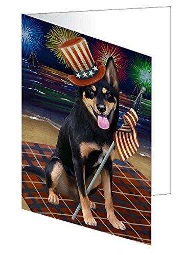 4th of July Firework Australian Kelpies Dog Handmade Artwork Assorted Pets Greeting Cards and Note Cards with Envelopes for All Occasions and Holiday Seasons GCD48671