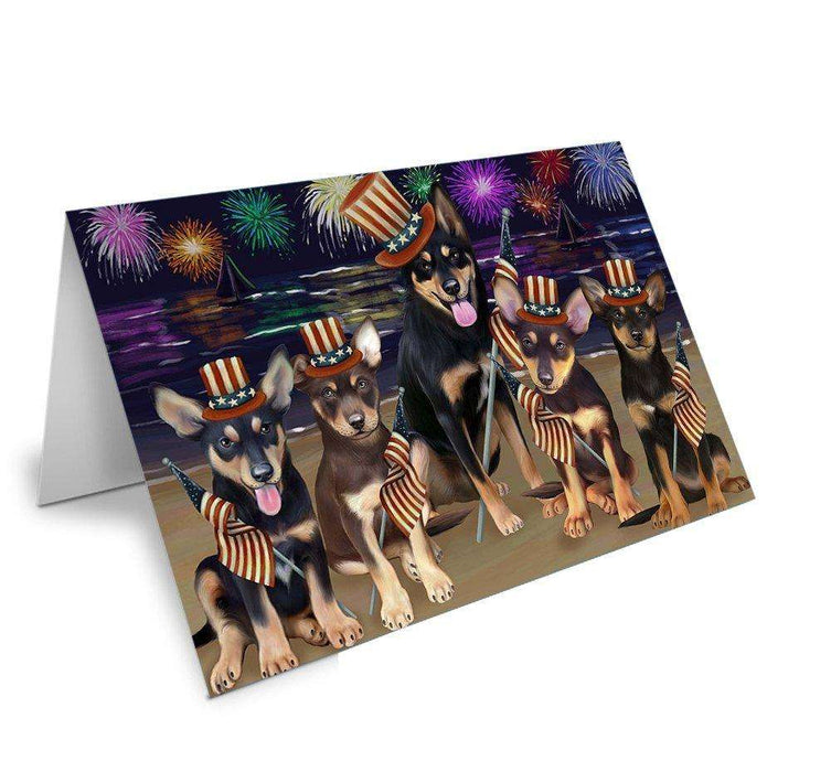 4th of July Firework Australian Kelpies Dog Handmade Artwork Assorted Pets Greeting Cards and Note Cards with Envelopes for All Occasions and Holiday Seasons GCD48674