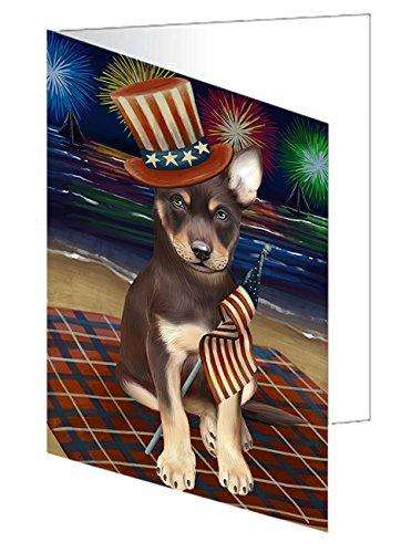 4th of July Firework Australian Kelpies Dog Handmade Artwork Assorted Pets Greeting Cards and Note Cards with Envelopes for All Occasions and Holiday Seasons GCD48677
