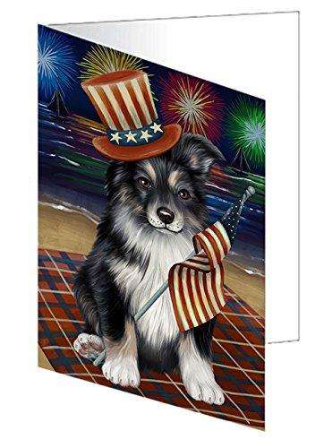4th of July Firework Australian Shepherd Dog Handmade Artwork Assorted Pets Greeting Cards and Note Cards with Envelopes for All Occasions and Holiday Seasons GCD48680