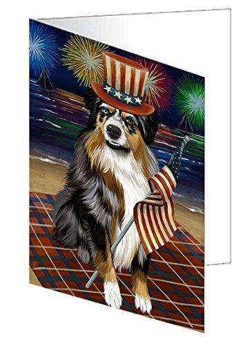 4th of July Firework Australian Shepherd Dog Handmade Artwork Assorted Pets Greeting Cards and Note Cards with Envelopes for All Occasions and Holiday Seasons GCD48683