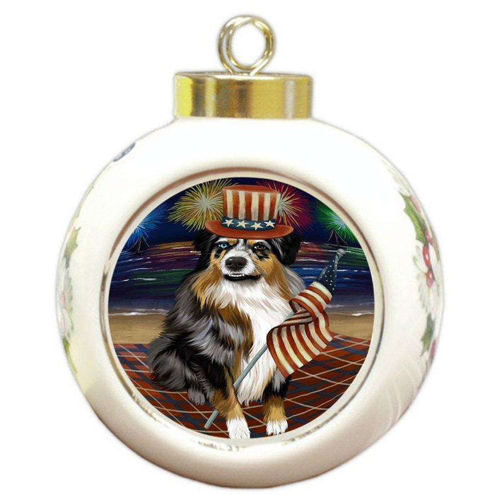 4th of July Firework Australian Shepherd Dog Round Ball Christmas Ornament RBPOR48169