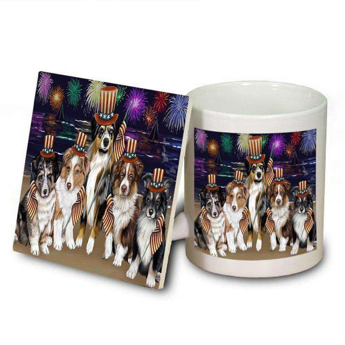 4th of July Firework Australian Shepherds Dog Mug and Coaster Set MUC48162