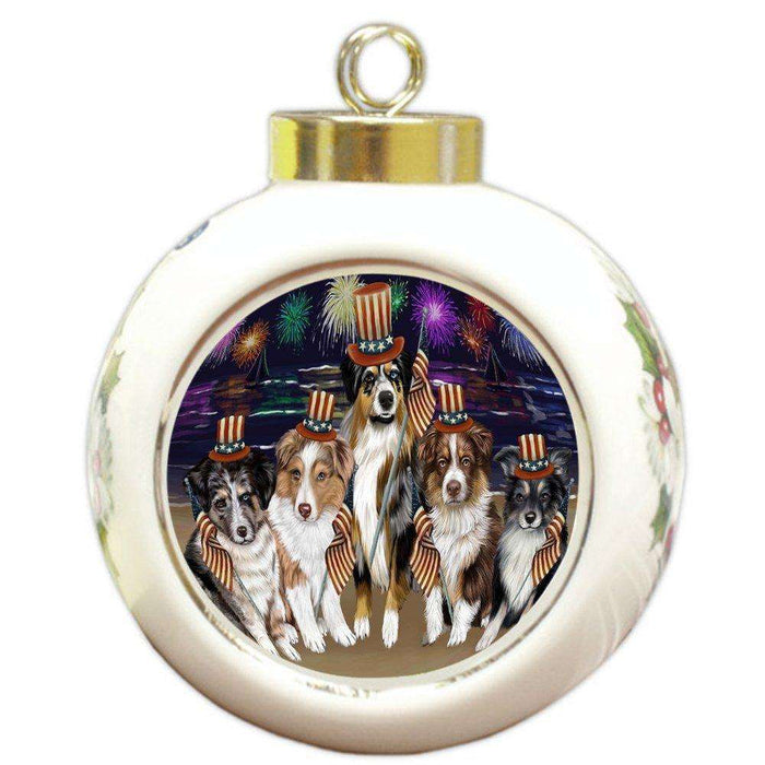 4th of July Firework Australian Shepherds Dog Round Ball Christmas Ornament RBPOR48170