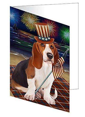 4th of July Firework Basset Hound Dog Handmade Artwork Assorted Pets Greeting Cards and Note Cards with Envelopes for All Occasions and Holiday Seasons GCD48689