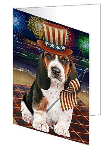 4th of July Firework Basset Hound Dog Handmade Artwork Assorted Pets Greeting Cards and Note Cards with Envelopes for All Occasions and Holiday Seasons GCD48695