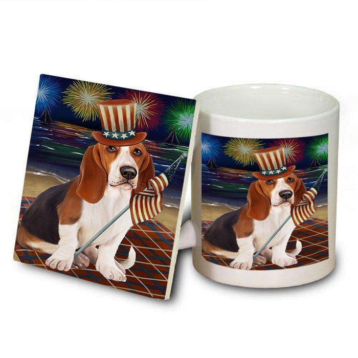 4th of July Firework Basset Hound Dog Mug and Coaster Set MUC48163