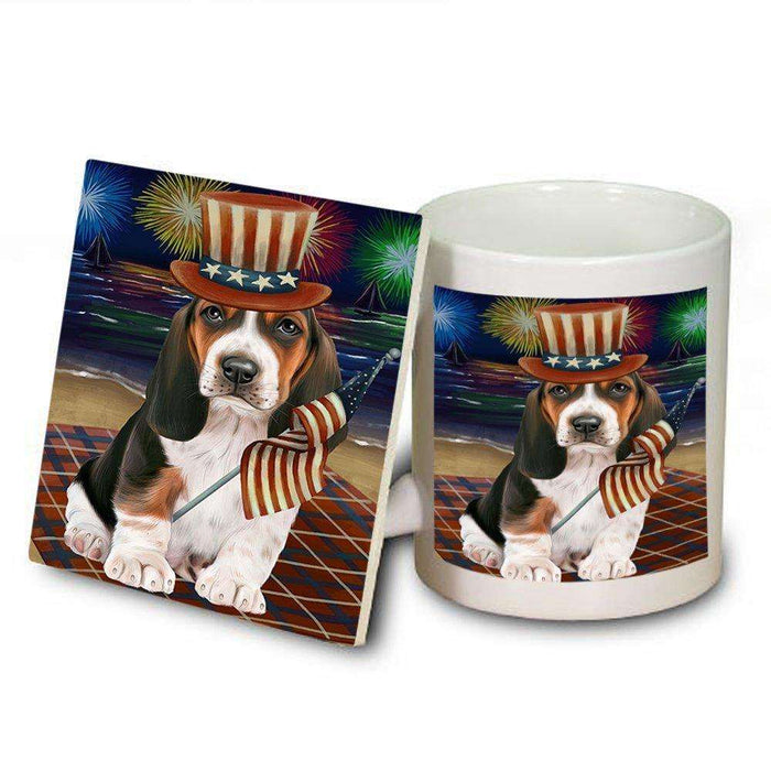 4th of July Firework Basset Hound Dog Mug and Coaster Set MUC48165