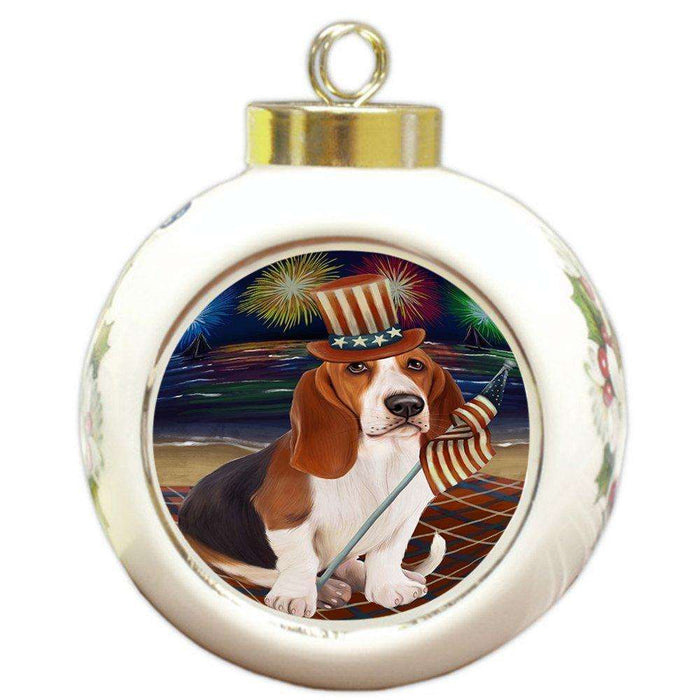 4th of July Firework Basset Hound Dog Round Ball Christmas Ornament RBPOR48171