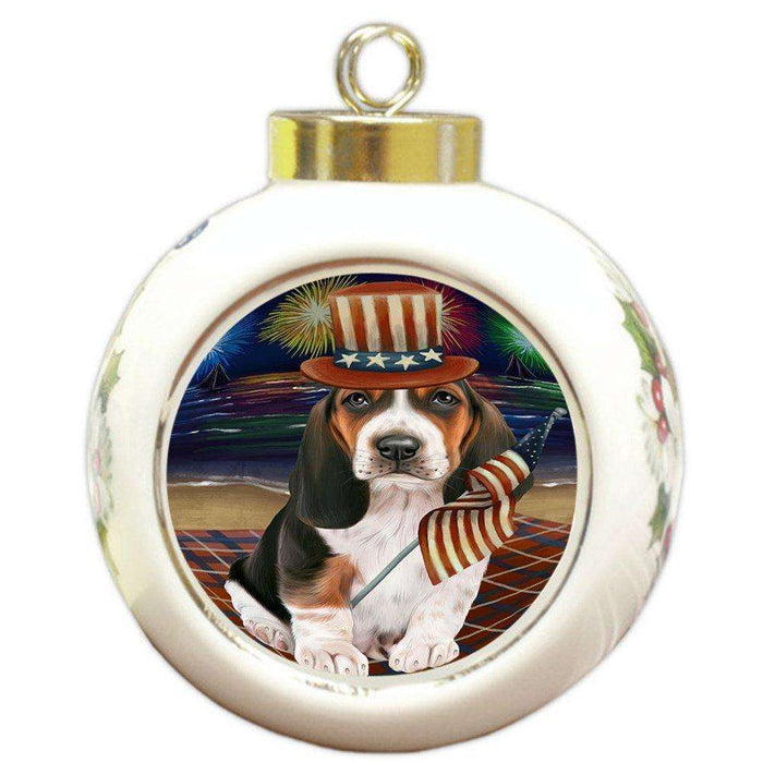 4th of July Firework Basset Hound Dog Round Ball Christmas Ornament RBPOR48173