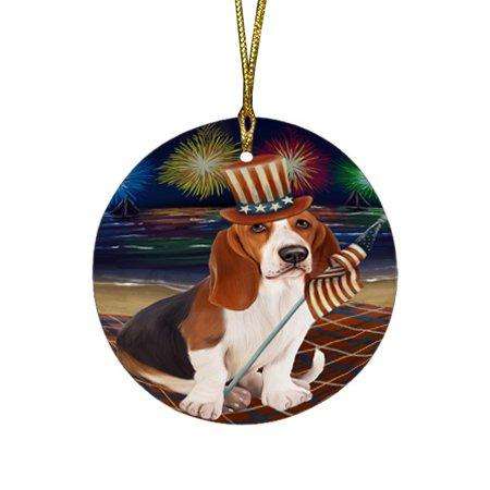 4th of July Firework Basset Hound Dog Round Christmas Ornament RFPOR48162