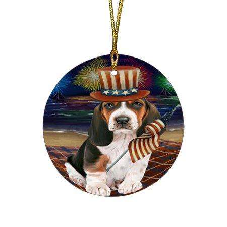 4th of July Firework Basset Hound Dog Round Christmas Ornament RFPOR48164