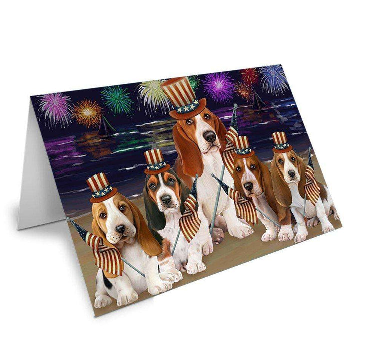 4th of July Firework Basset Hounds Dog Handmade Artwork Assorted Pets Greeting Cards and Note Cards with Envelopes for All Occasions and Holiday Seasons GCD48692