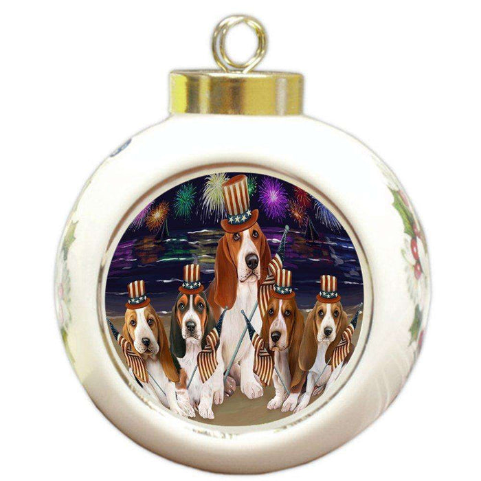 4th of July Firework Basset Hounds Dog Round Ball Christmas Ornament RBPOR48172