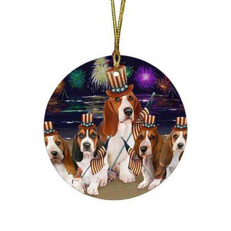 4th of July Firework Basset Hounds Dog Round Christmas Ornament RFPOR48163