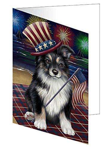 4th Of July Fireworks Australian Shepherd Dog Handmade Artwork Assorted Pets Greeting Cards and Note Cards with Envelopes for All Occasions and Holiday Seasons GCD48426