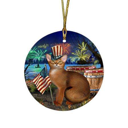 4th of July Independence Day Firework Abyssinian Cat Round Flat Christmas Ornament RFPOR54018