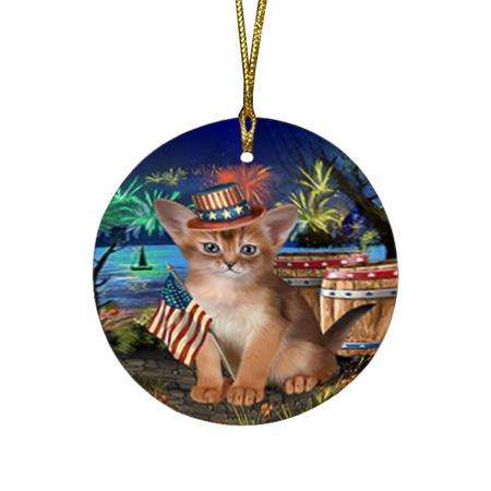 4th of July Independence Day Firework Abyssinian Cat Round Flat Christmas Ornament RFPOR54019
