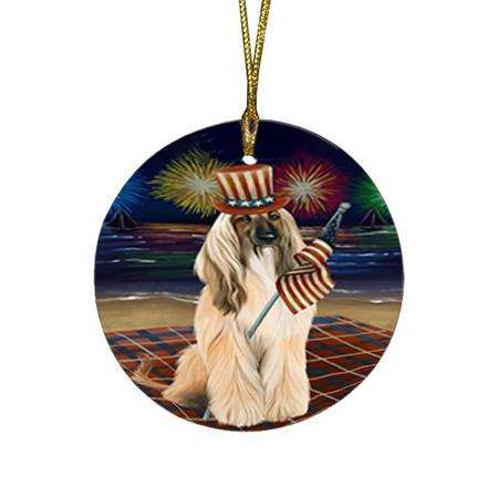 4th of July Independence Day Firework Afghan Hound Dog Round Flat Christmas Ornament RFPOR51983