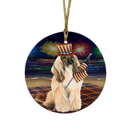 4th of July Independence Day Firework Afghan Hound Dog Round Flat Christmas Ornament RFPOR52373