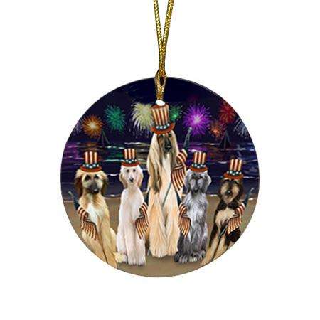 4th of July Independence Day Firework Afghan Hounds Dog Round Flat Christmas Ornament RFPOR51984