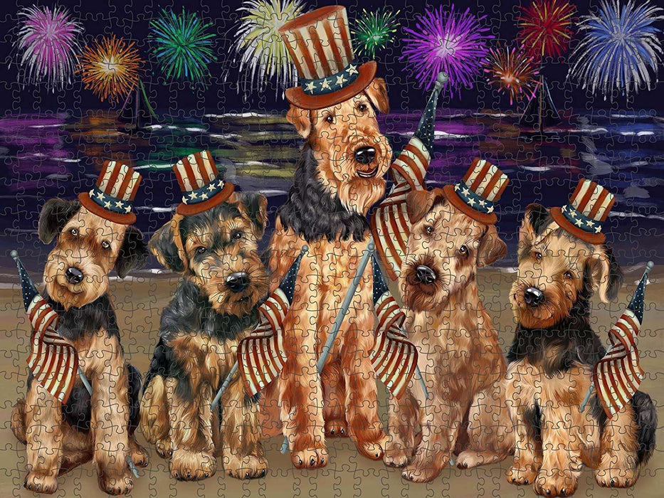 4th of July Independence Day Firework Airedale Terriers Dog Puzzle with Photo Tin PUZL48306