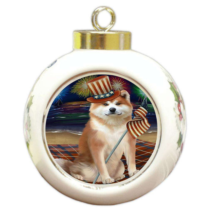 4th of July Independence Day Firework Akita Dog Round Ball Christmas Ornament RBPOR51998
