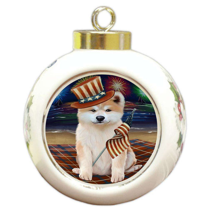 4th of July Independence Day Firework Akita Dog Round Ball Christmas Ornament RBPOR52000