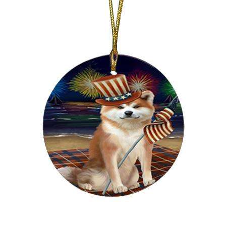 4th of July Independence Day Firework Akita Dog Round Flat Christmas Ornament RFPOR51989