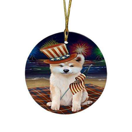 4th of July Independence Day Firework Akita Dog Round Flat Christmas Ornament RFPOR51991
