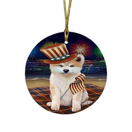 4th of July Independence Day Firework Akita Dog Round Flat Christmas Ornament RFPOR52381