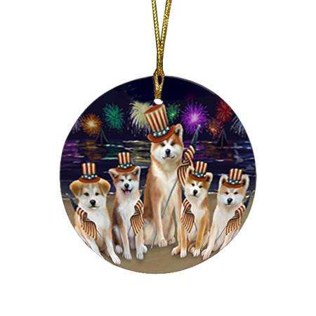 4th of July Independence Day Firework Akitas Dog Round Flat Christmas Ornament RFPOR51990