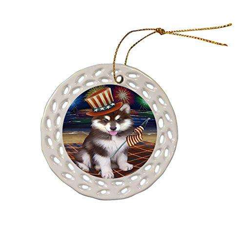 4th of July Independence Day Firework Alaskan Malamute Dog Ceramic Doily Ornament DPOR48713