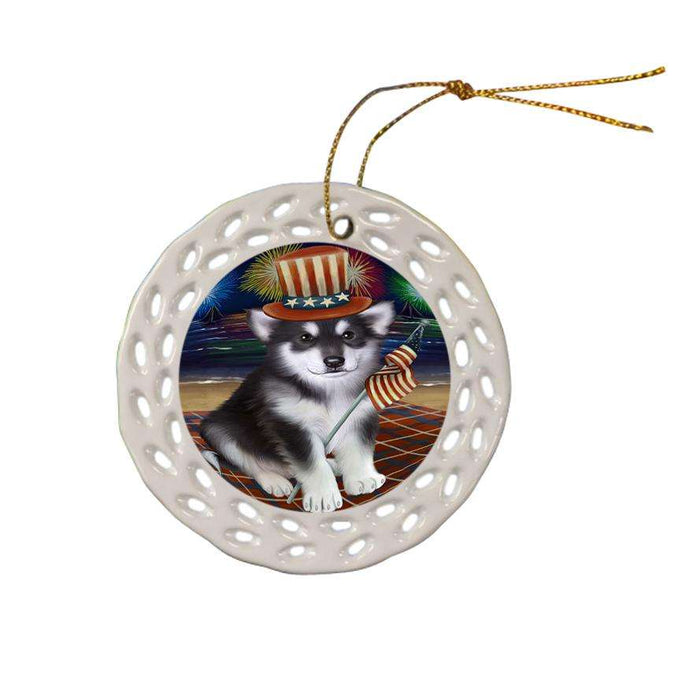 4th of July Independence Day Firework Alaskan Malamute Dog Ceramic Doily Ornament DPOR48714