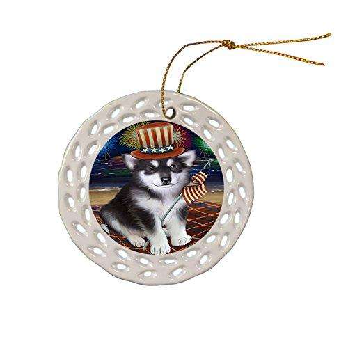 4th of July Independence Day Firework Alaskan Malamute Dog Ceramic Doily Ornament DPOR48714